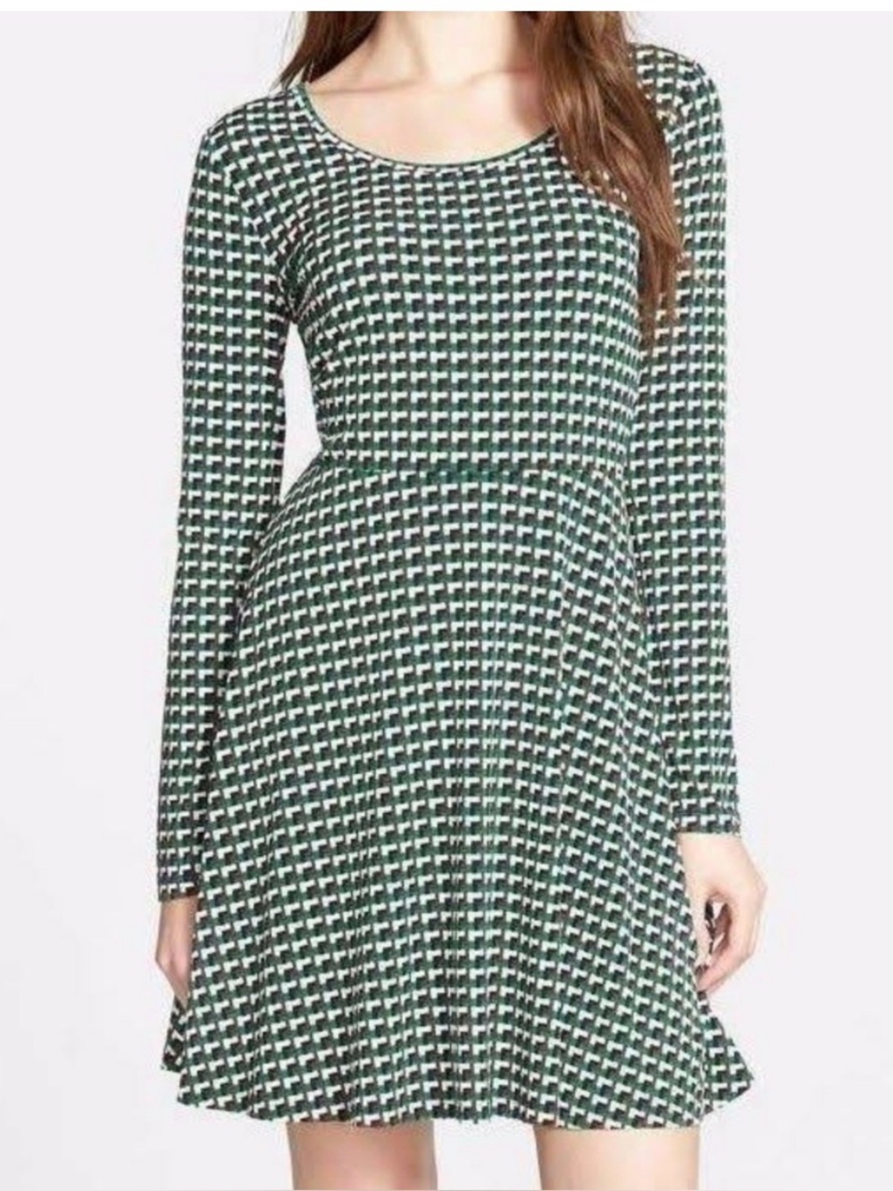 Michael Kors Black and Green Geo-Print Long Sleeve Fit-and-Flare Dress